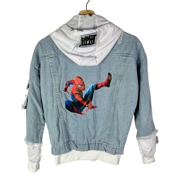 Boutique Light Blue Distressed Denim Spiderman Graphic S - Picture 1 of 5
